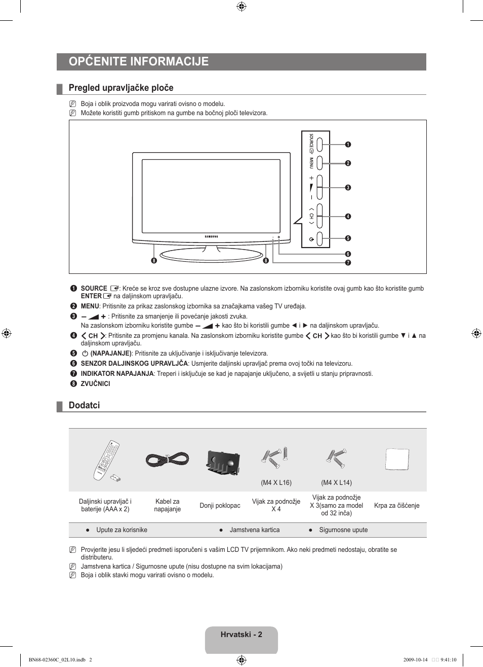 Općenite informacije, Pregled upravljačke ploče, Dodatci | Samsung LE26B450C4W User Manual | Page 162 / 326