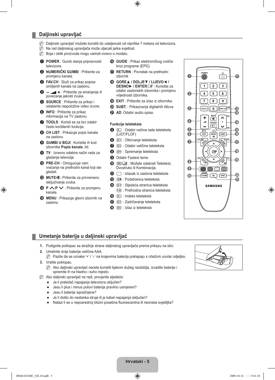 Daljinski upravljač, Umetanje baterija u daljinski upravljač | Samsung LE26B450C4W User Manual | Page 165 / 326