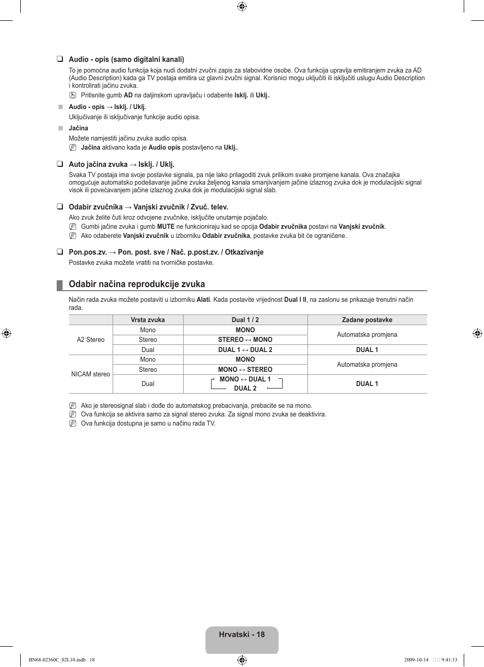 Odabir načina reprodukcije zvuka | Samsung LE26B450C4W User Manual | Page 178 / 326