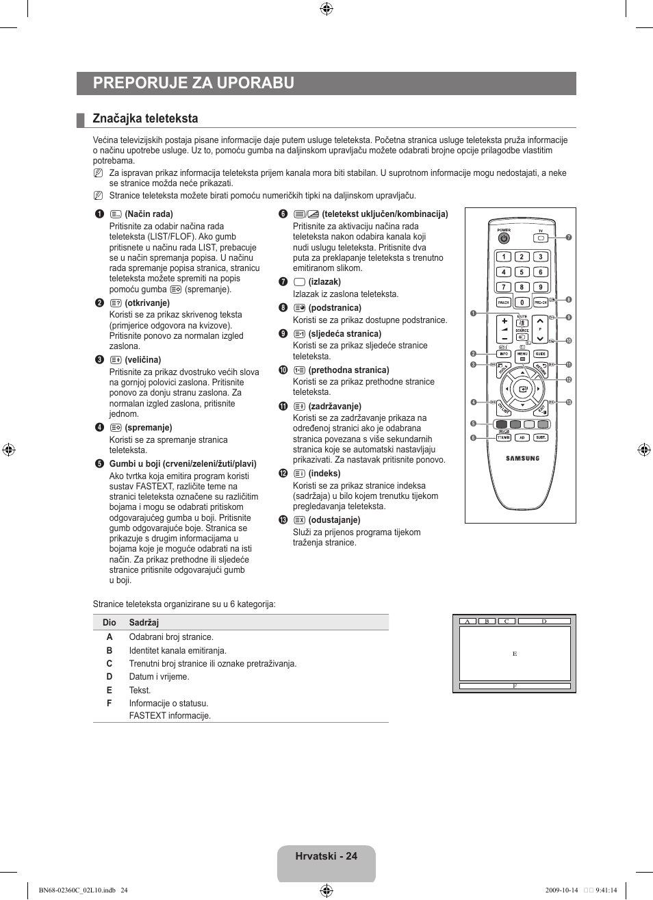 Preporuje za uporabu, Značajka teleteksta | Samsung LE26B450C4W User Manual | Page 184 / 326