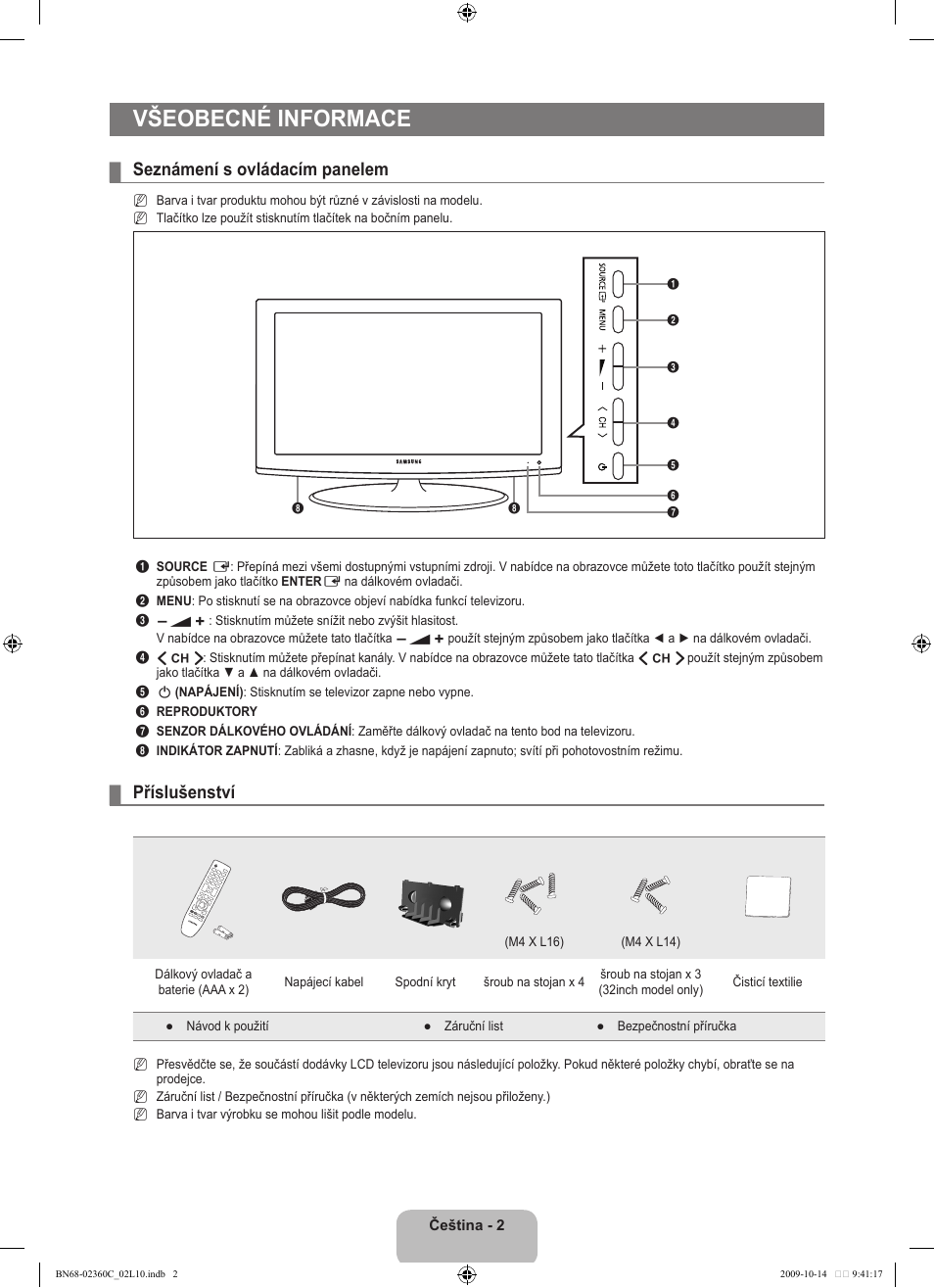 Všeobecné informace, Seznámení s ovládacím panelem, Příslušenství | Samsung LE26B450C4W User Manual | Page 194 / 326