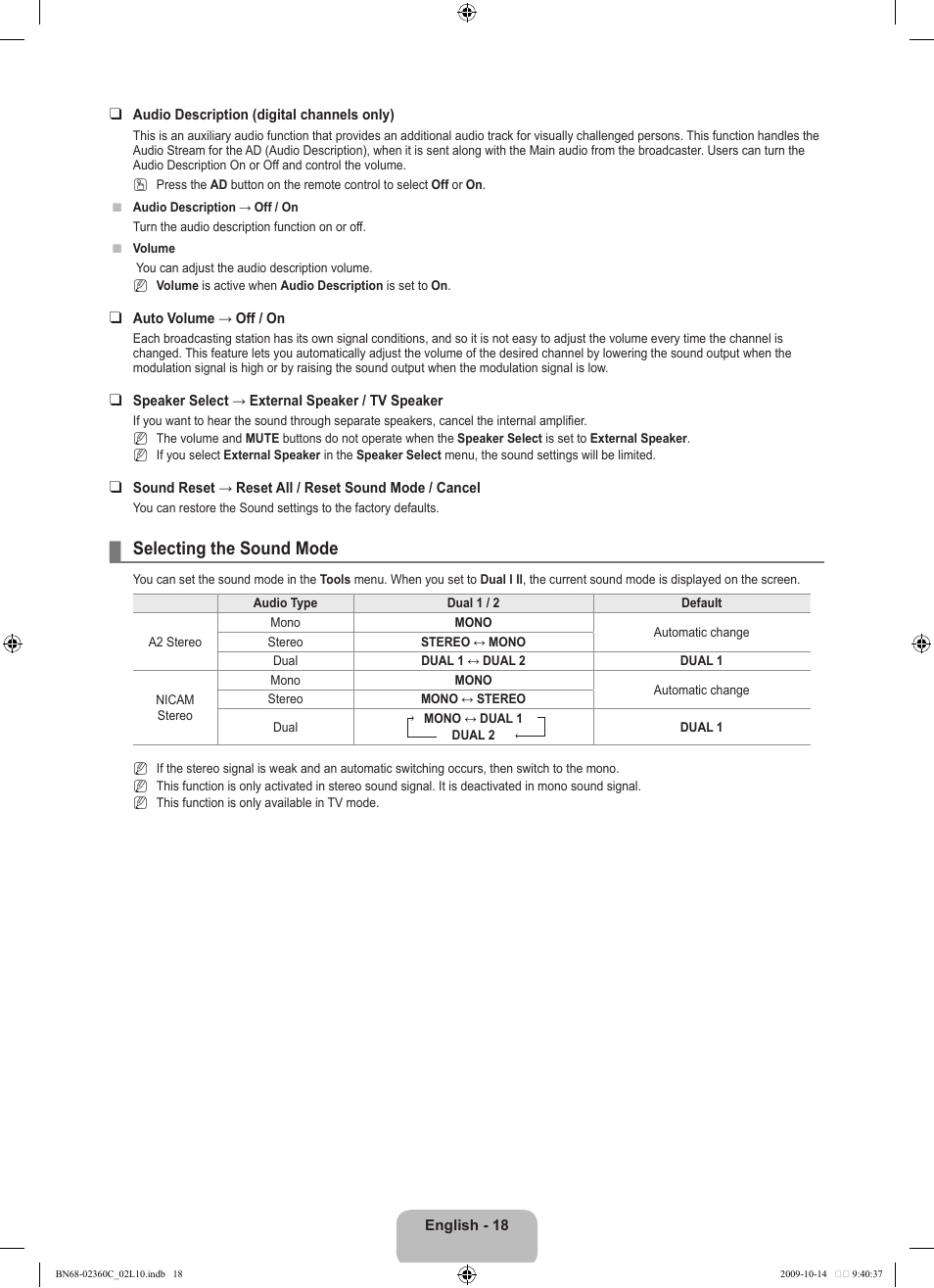 Selecting the sound mode | Samsung LE26B450C4W User Manual | Page 20 / 326