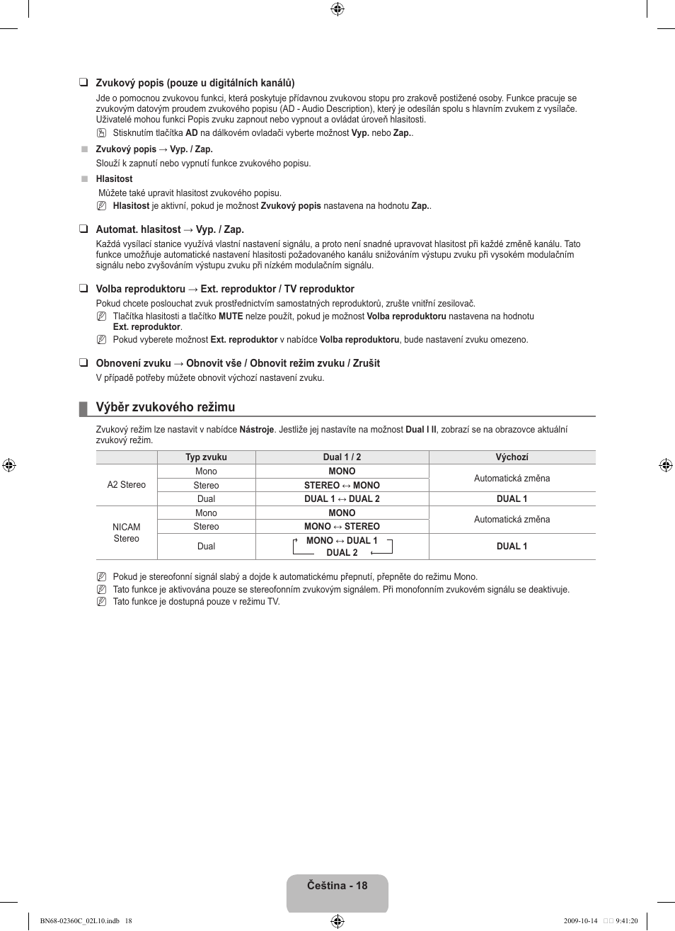 Výběr zvukového režimu | Samsung LE26B450C4W User Manual | Page 210 / 326