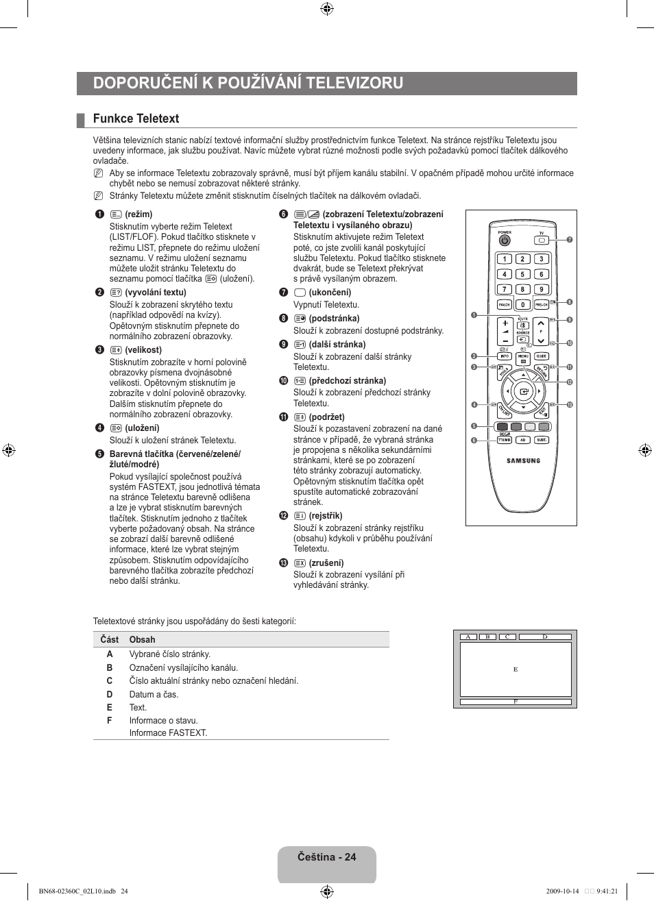 Doporučení k používání televizoru, Funkce teletext | Samsung LE26B450C4W User Manual | Page 216 / 326