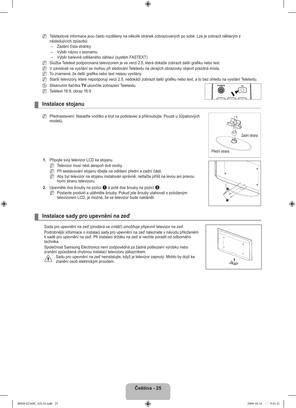 Instalace stojanu, Instalace sady pro upevnění na zeď | Samsung LE26B450C4W User Manual | Page 217 / 326