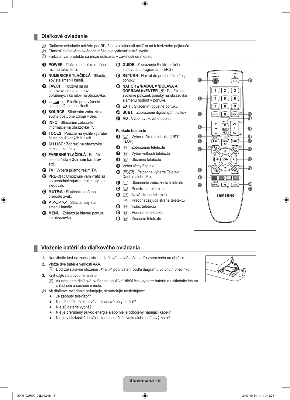 Diaľkové ovládanie, Vloženie batérií do diaľkového ovládania | Samsung LE26B450C4W User Manual | Page 229 / 326