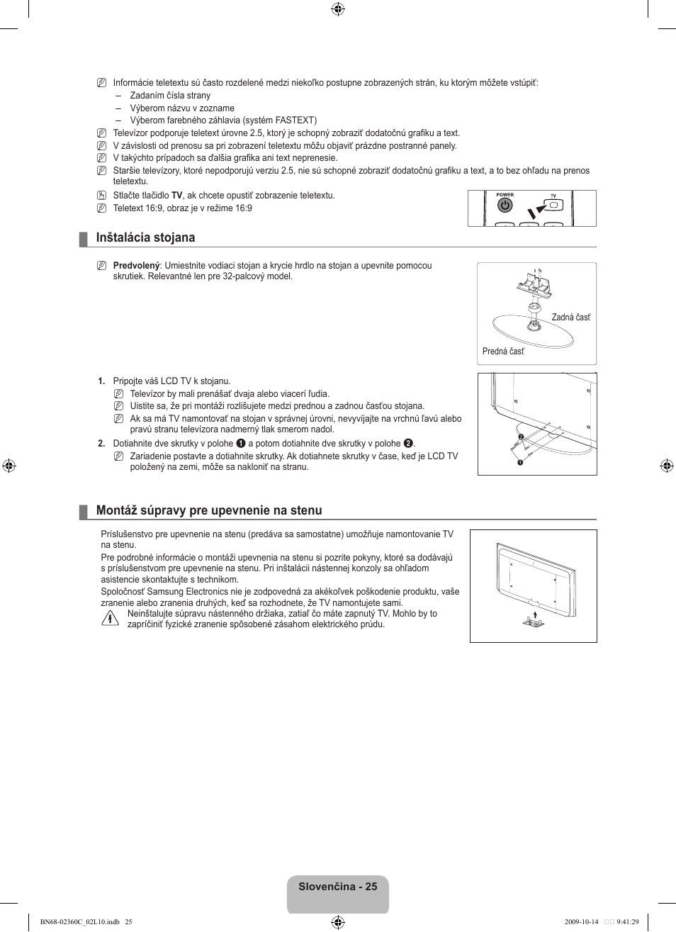 Inštalácia stojana, Montáž súpravy pre upevnenie na stenu | Samsung LE26B450C4W User Manual | Page 249 / 326