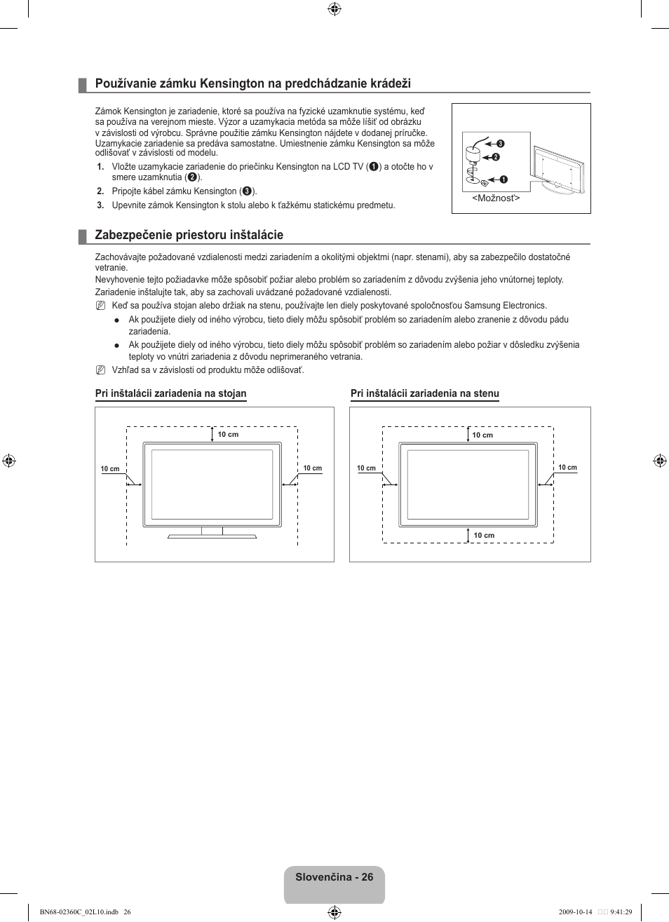 Zabezpečenie priestoru inštalácie | Samsung LE26B450C4W User Manual | Page 250 / 326
