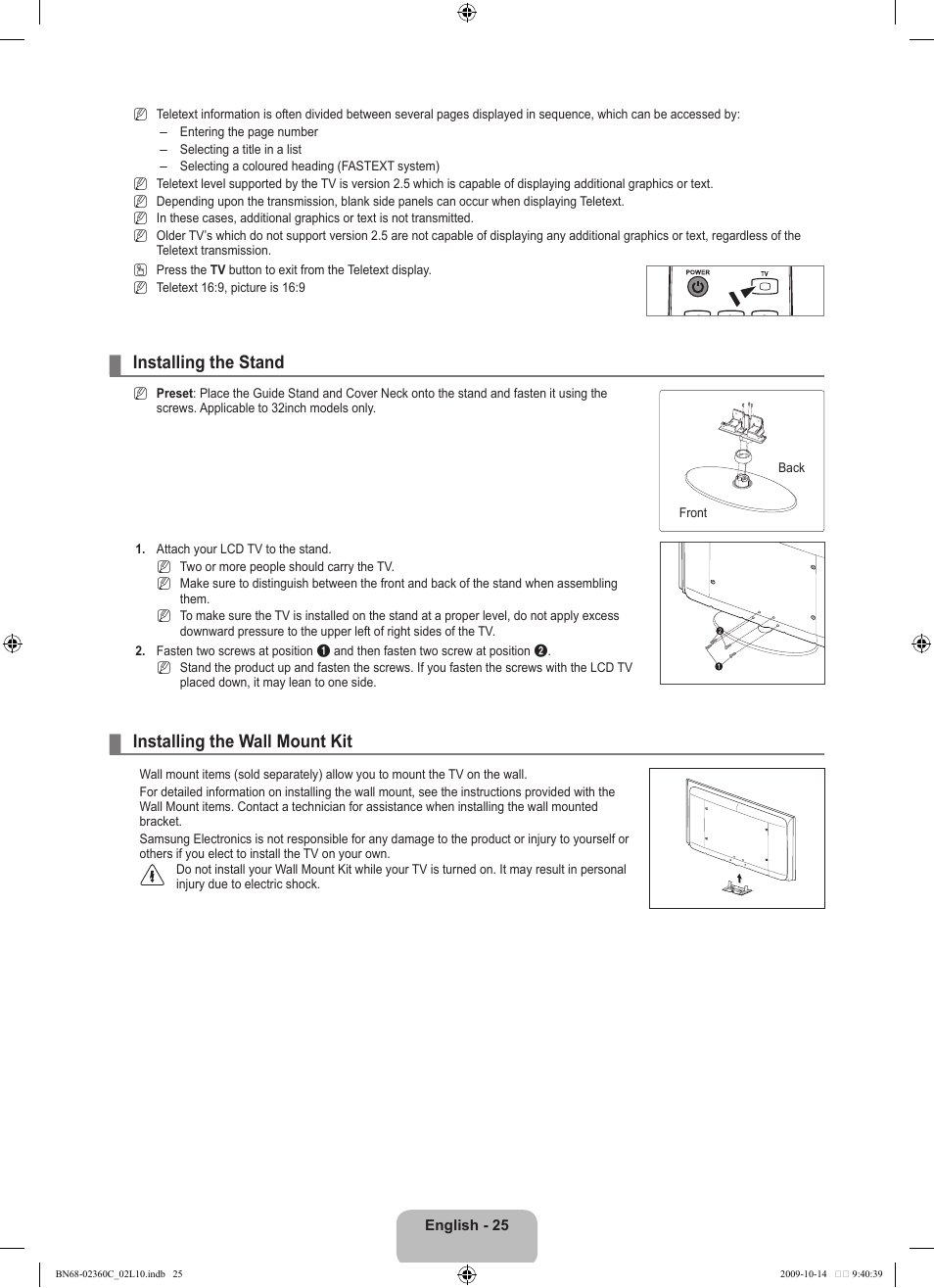Installing the stand, Installing the wall mount kit | Samsung LE26B450C4W User Manual | Page 27 / 326