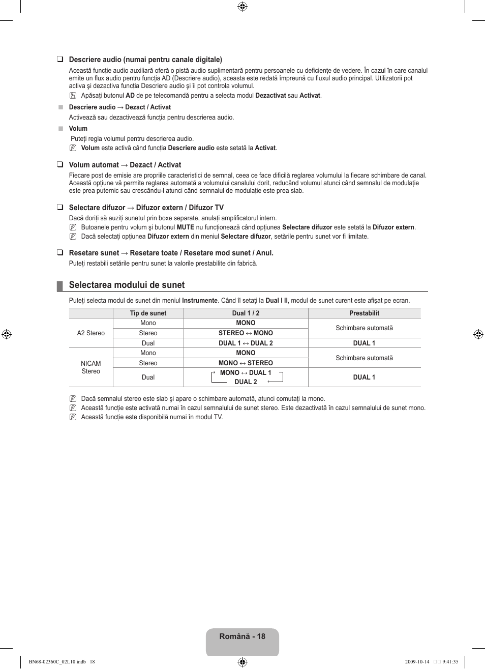 Selectarea modului de sunet | Samsung LE26B450C4W User Manual | Page 274 / 326