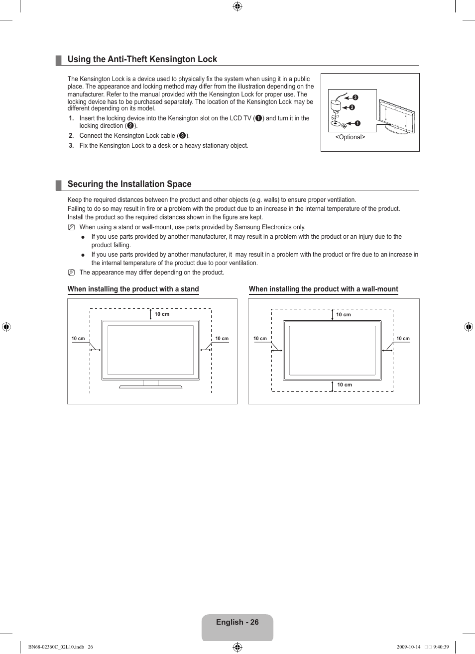 Using the anti-theft kensington lock, Securing the installation space | Samsung LE26B450C4W User Manual | Page 28 / 326