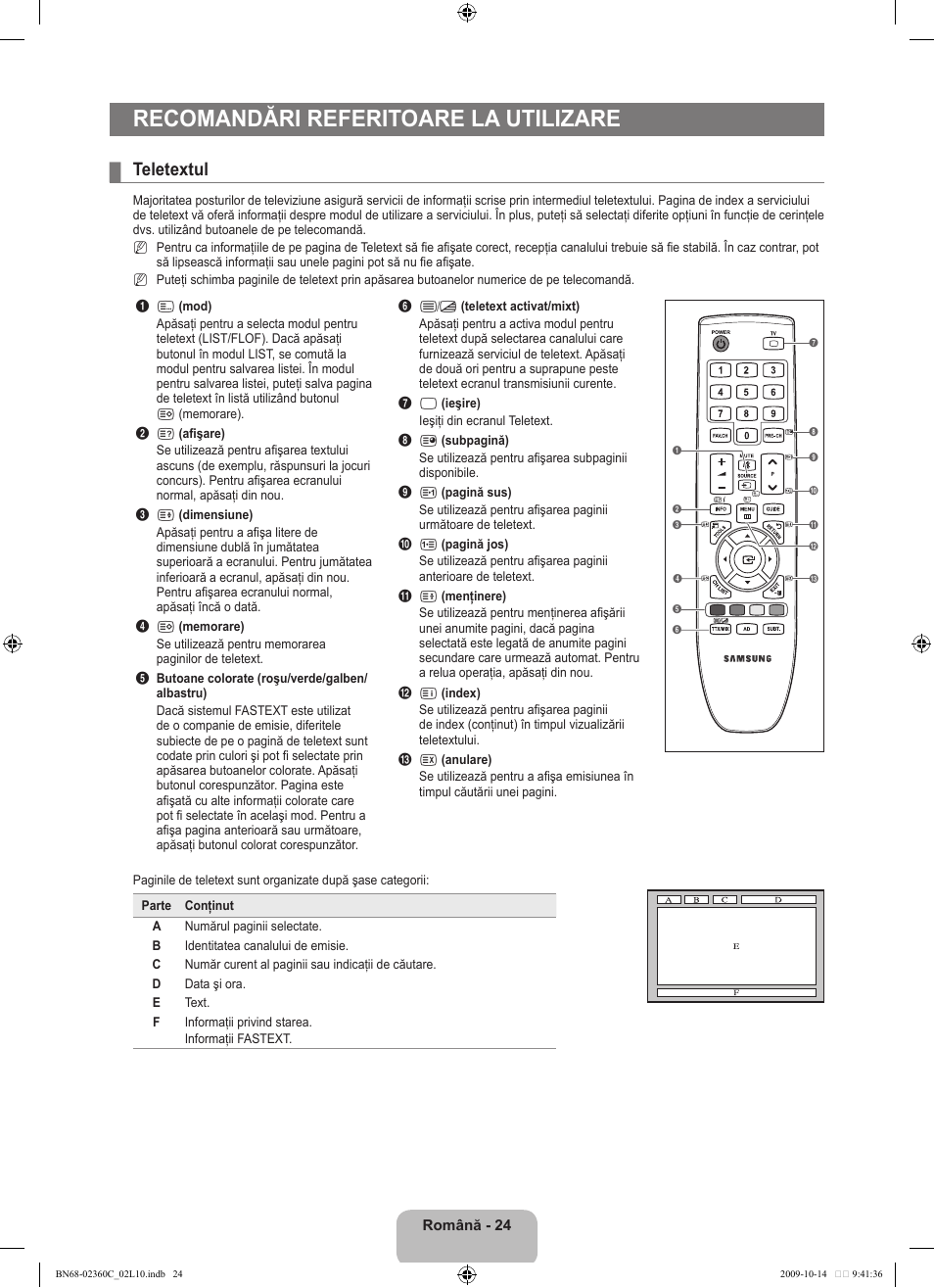 Recomandări referitoare la utilizare, Teletextul | Samsung LE26B450C4W User Manual | Page 280 / 326