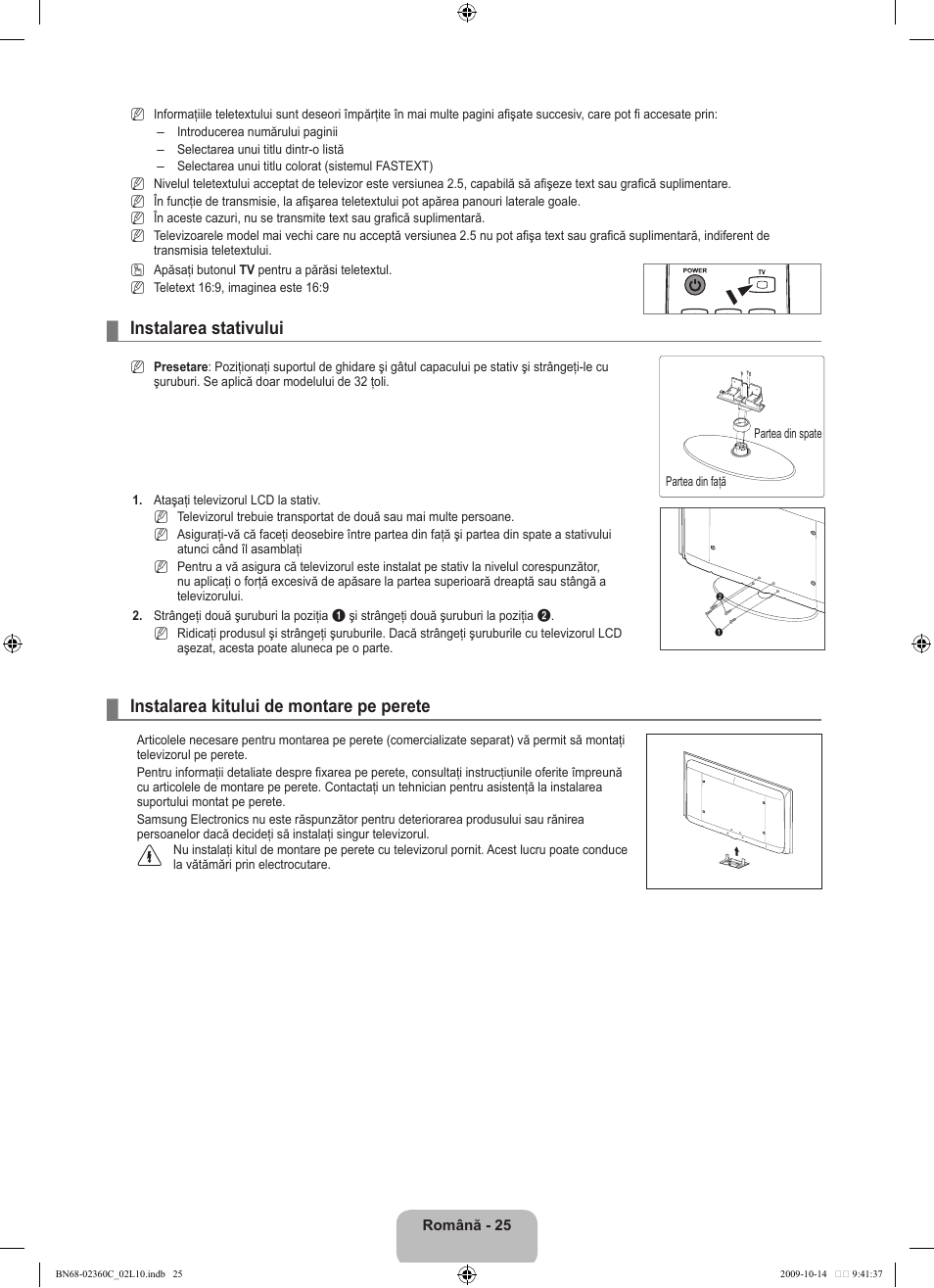 Instalarea stativului, Instalarea kitului de montare pe perete | Samsung LE26B450C4W User Manual | Page 281 / 326