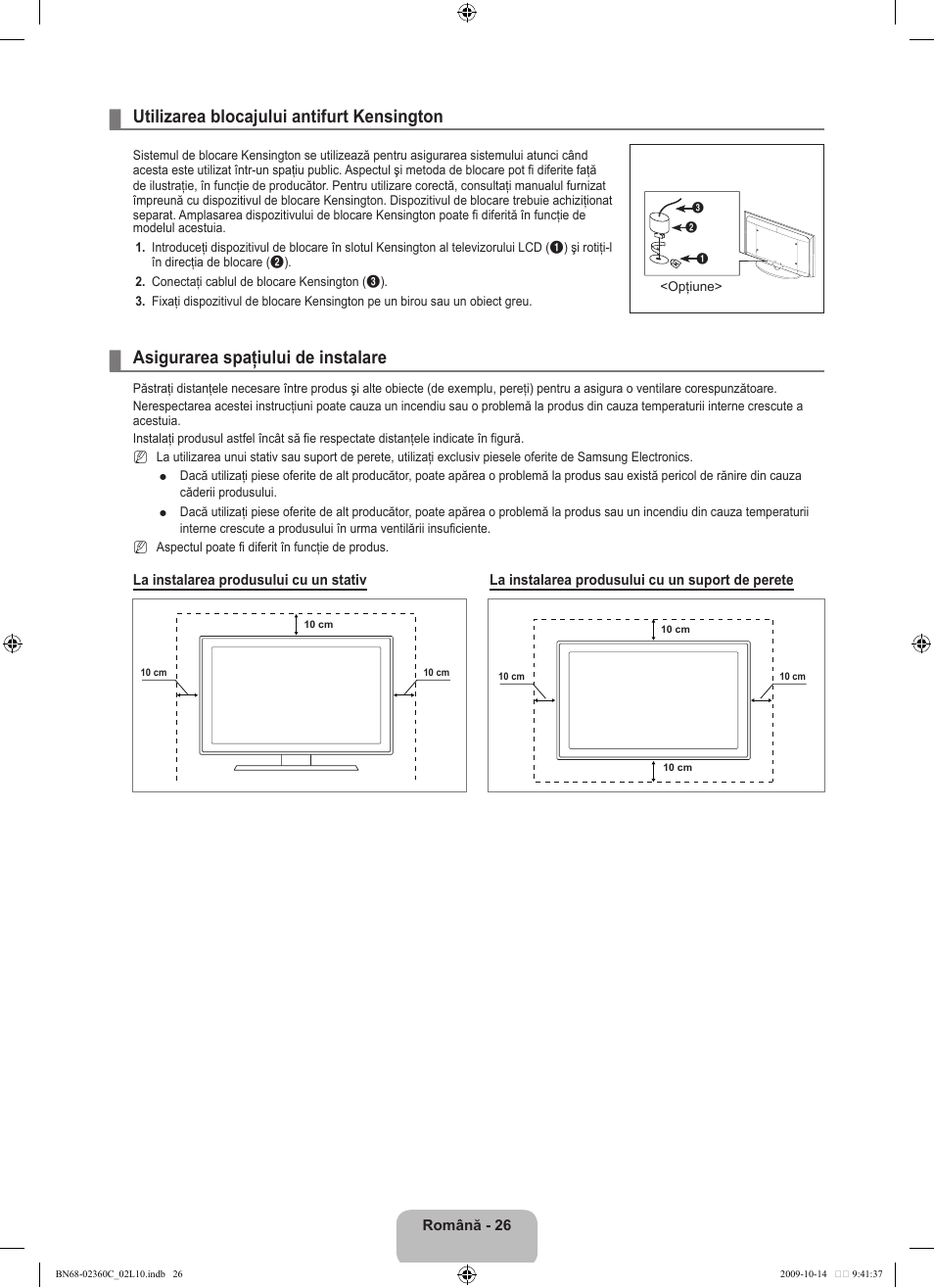 Utilizarea blocajului antifurt kensington, Asigurarea spaţiului de instalare | Samsung LE26B450C4W User Manual | Page 282 / 326