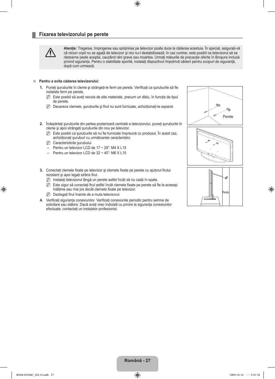 Fixarea televizorului pe perete | Samsung LE26B450C4W User Manual | Page 283 / 326