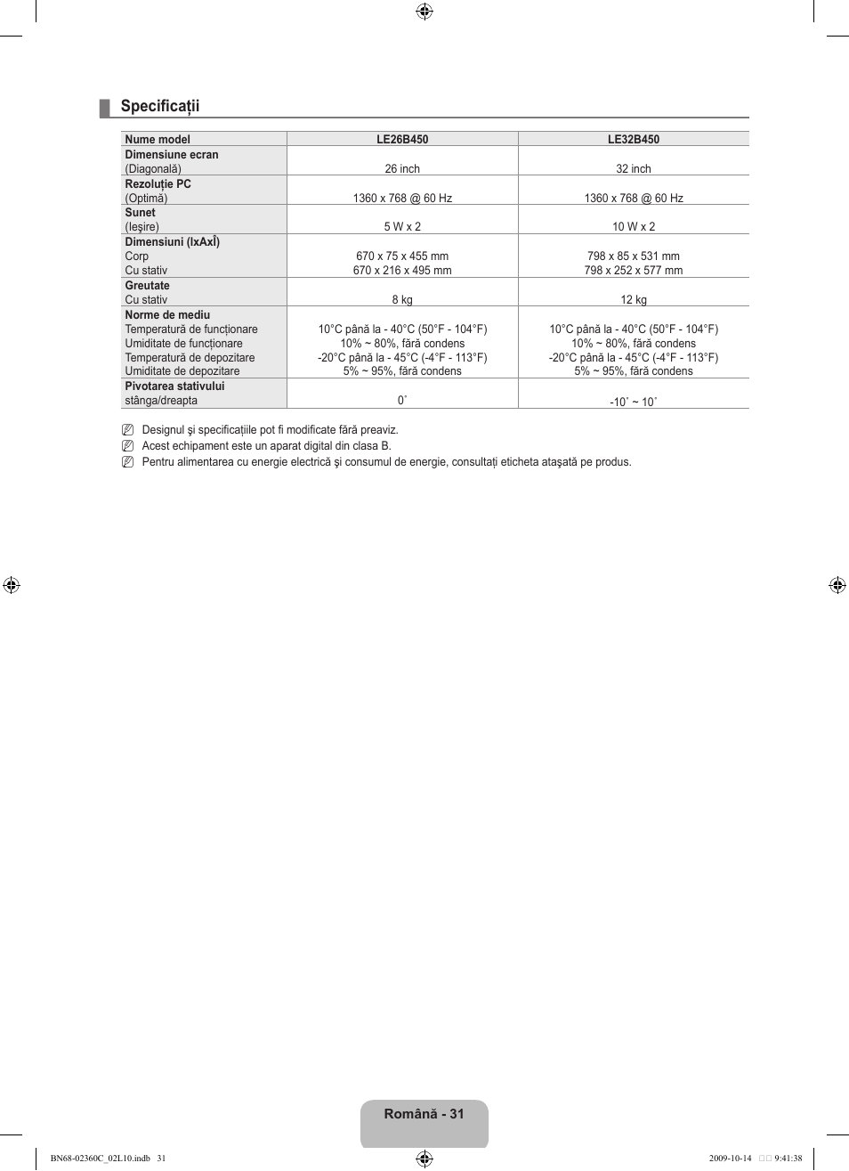 Specificaţii | Samsung LE26B450C4W User Manual | Page 287 / 326