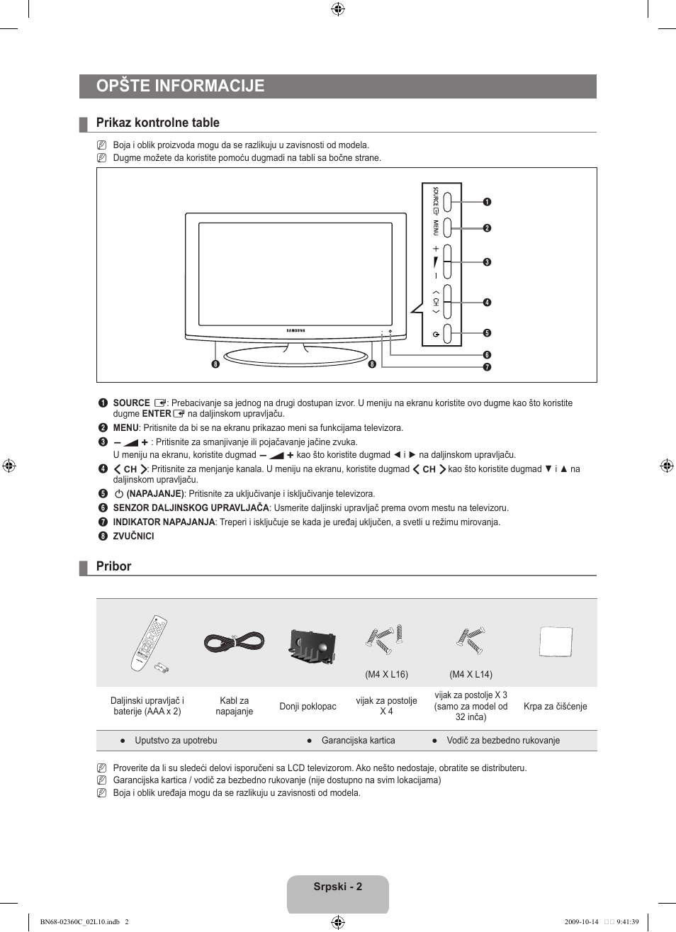 Opšte informacije, Prikaz kontrolne table, Pribor | Samsung LE26B450C4W User Manual | Page 290 / 326