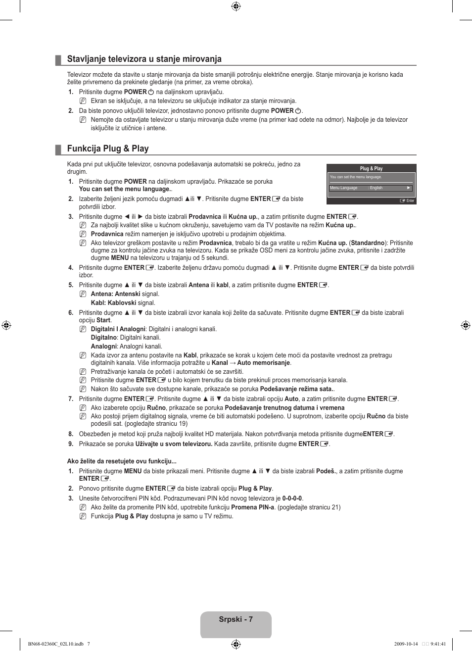 Stavljanje televizora u stanje mirovanja, Funkcija plug & play | Samsung LE26B450C4W User Manual | Page 295 / 326