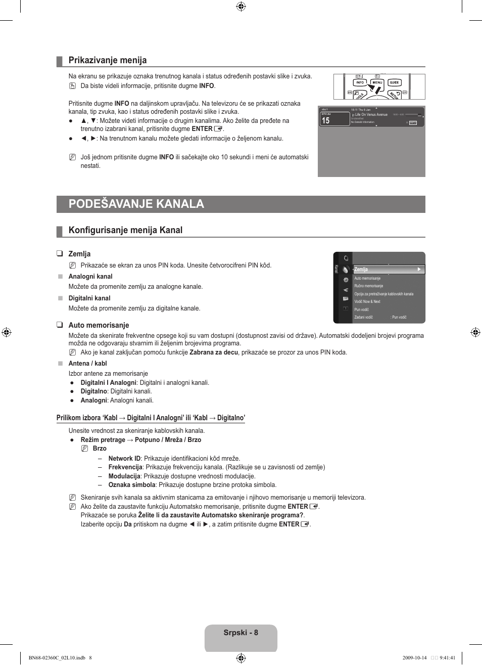 Podešavanje kanala, Prikazivanje menija, Konfigurisanje menija kanal | Samsung LE26B450C4W User Manual | Page 296 / 326