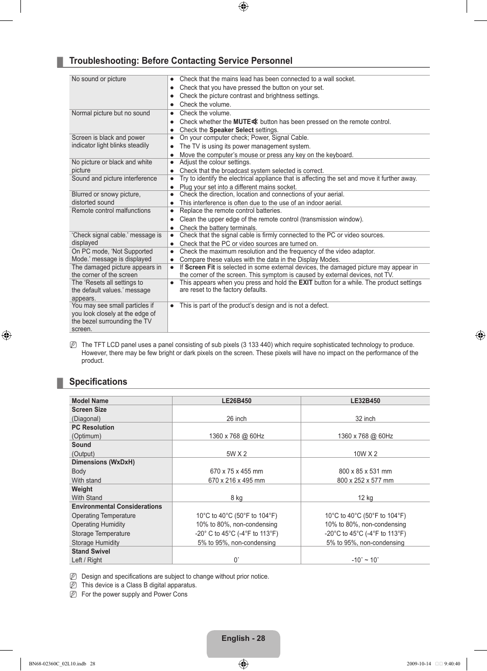 Specifications | Samsung LE26B450C4W User Manual | Page 30 / 326