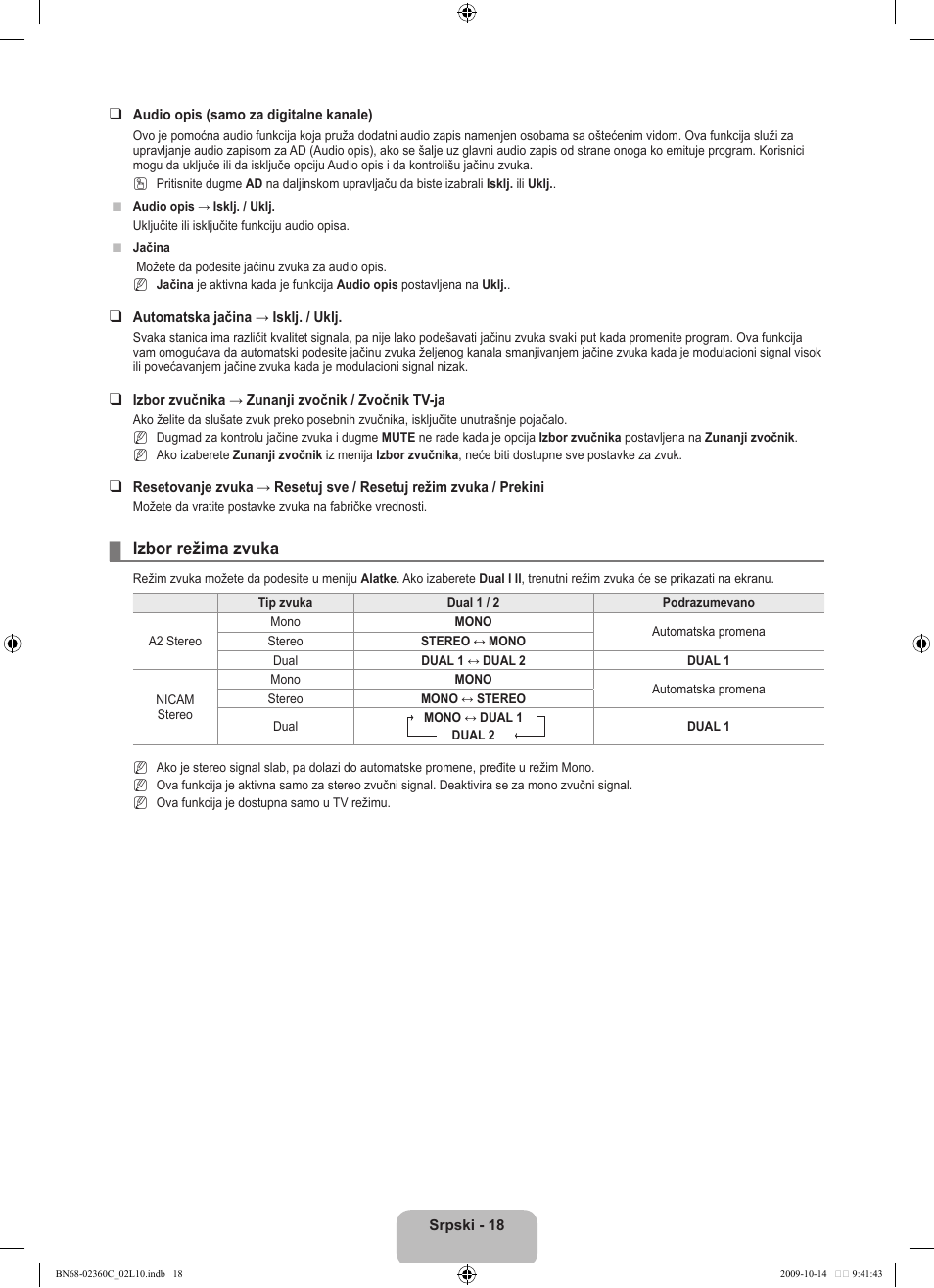 Izbor režima zvuka | Samsung LE26B450C4W User Manual | Page 306 / 326