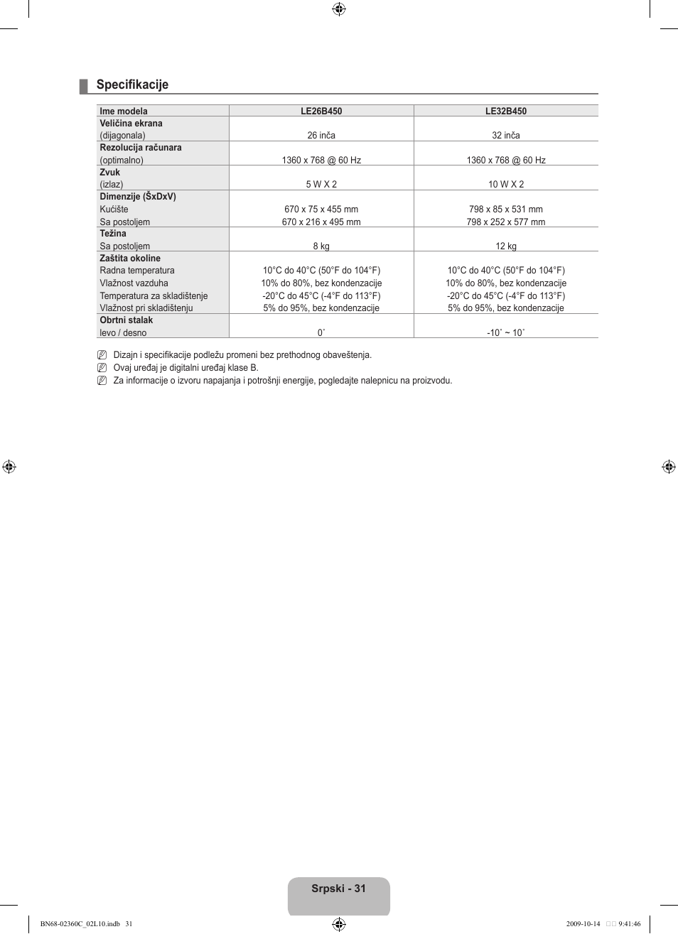 Specifikacije | Samsung LE26B450C4W User Manual | Page 319 / 326