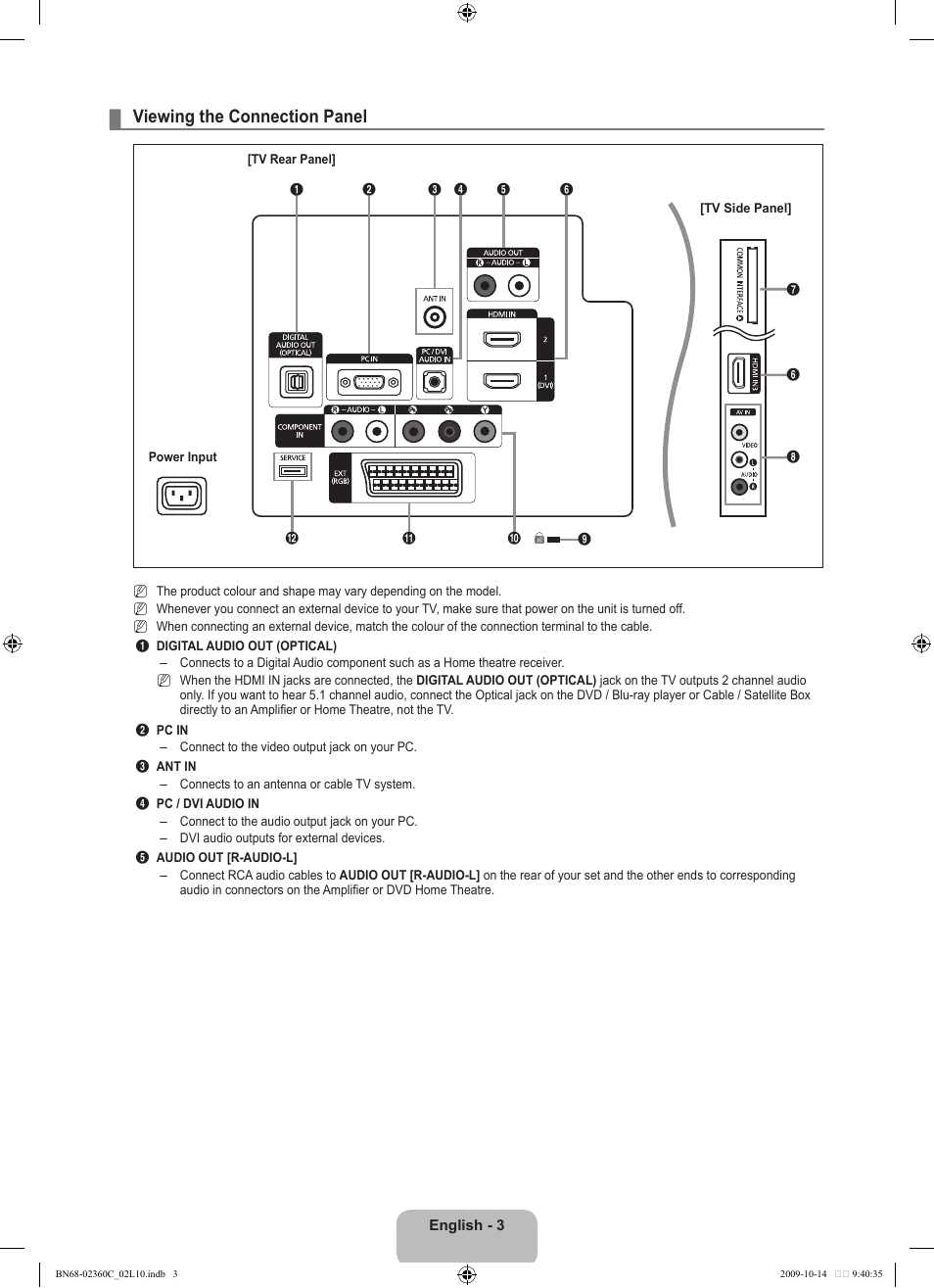 Viewing the connection panel | Samsung LE26B450C4W User Manual | Page 5 / 326