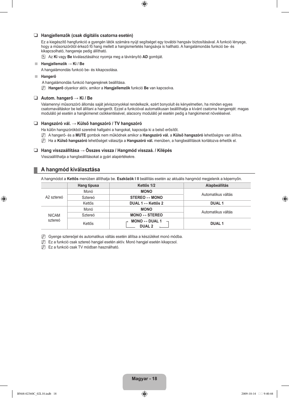 A hangmód kiválasztása | Samsung LE26B450C4W User Manual | Page 50 / 326