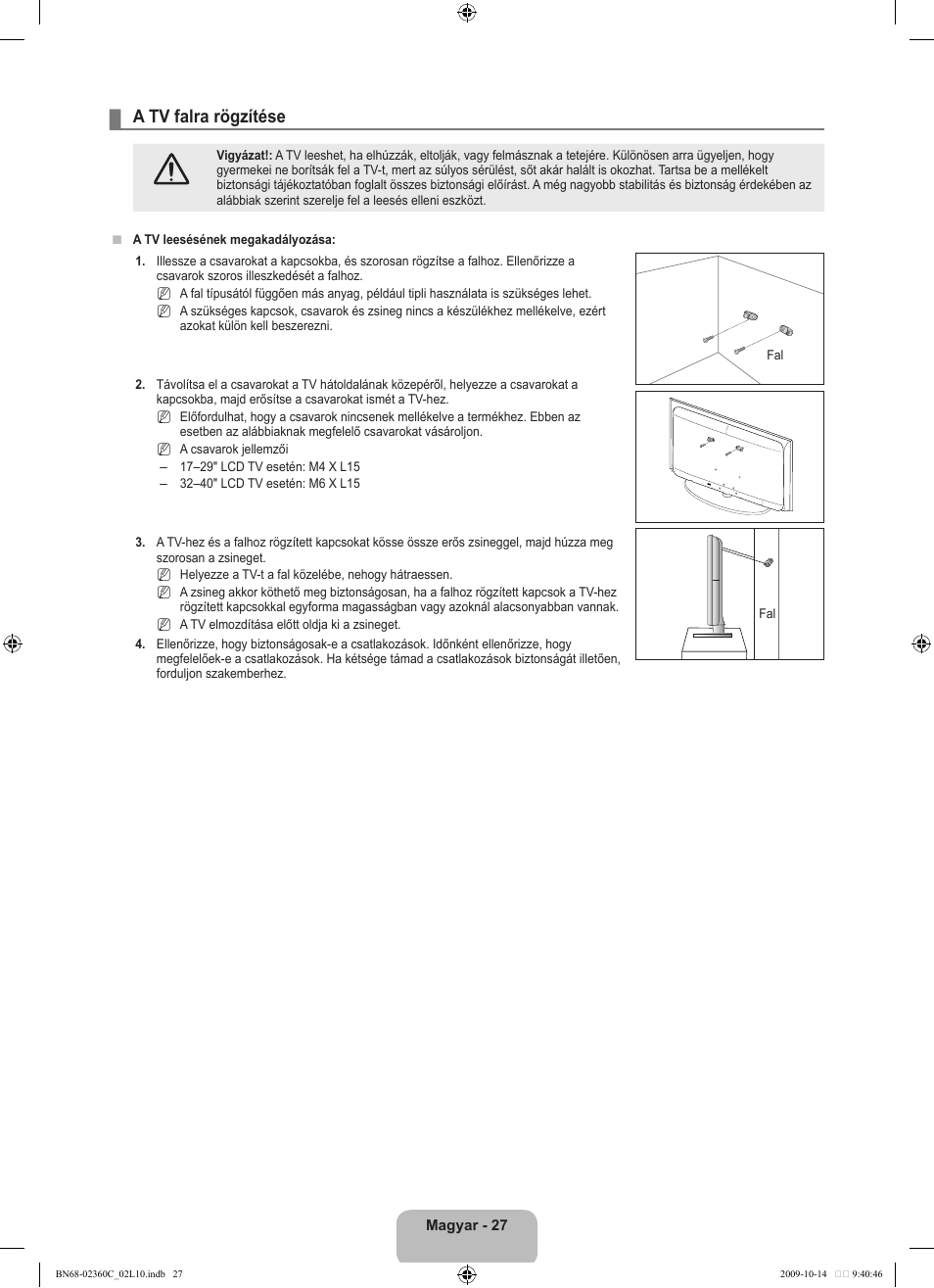 A tv falra rögzítése | Samsung LE26B450C4W User Manual | Page 59 / 326