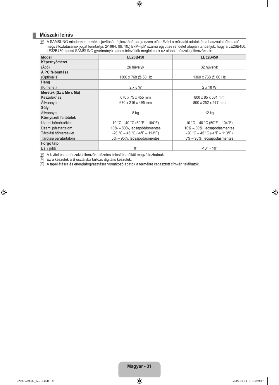 Műszaki leírás | Samsung LE26B450C4W User Manual | Page 63 / 326