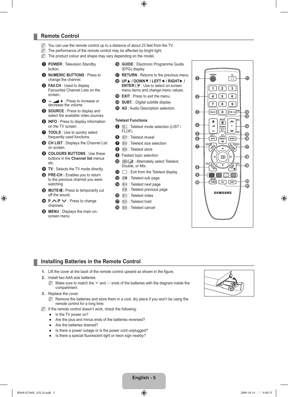 Remote control, Installing batteries in the remote control | Samsung LE26B450C4W User Manual | Page 7 / 326