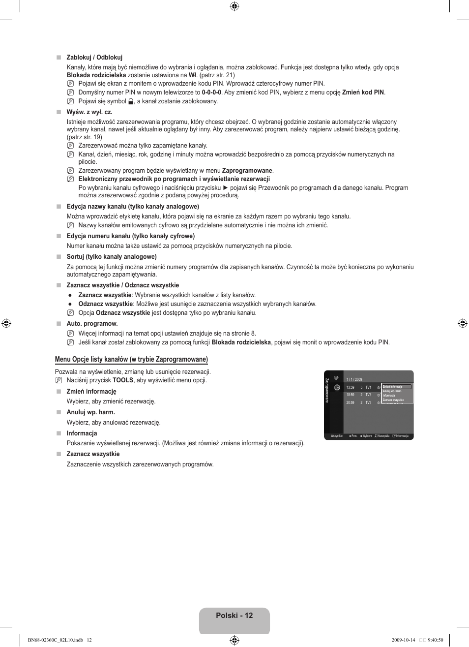 Polski - 12, Menu opcje listy kanałów (w trybie zaprogramowane) | Samsung LE26B450C4W User Manual | Page 76 / 326