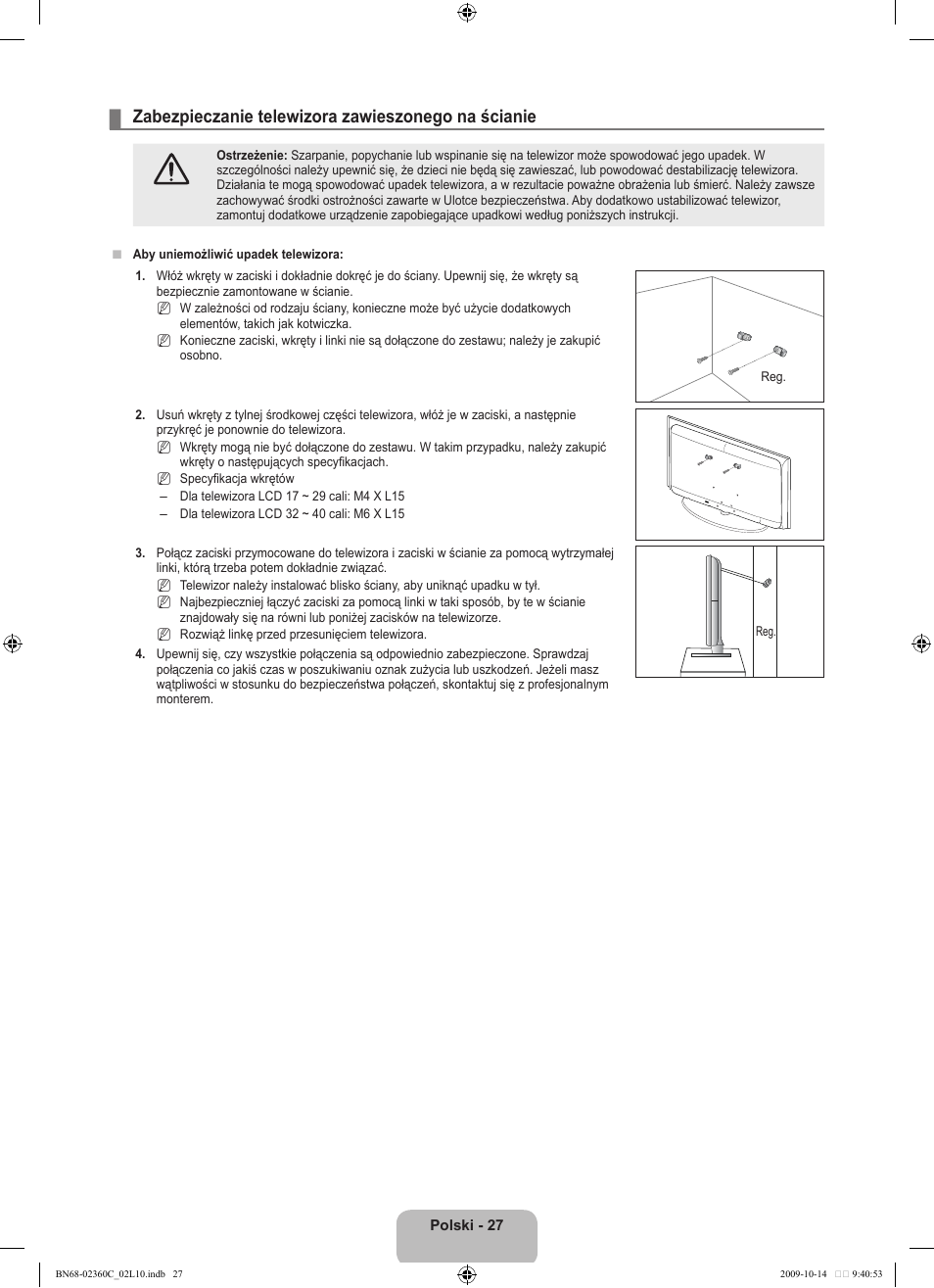 Zabezpieczanie telewizora zawieszonego na ścianie | Samsung LE26B450C4W User Manual | Page 91 / 326