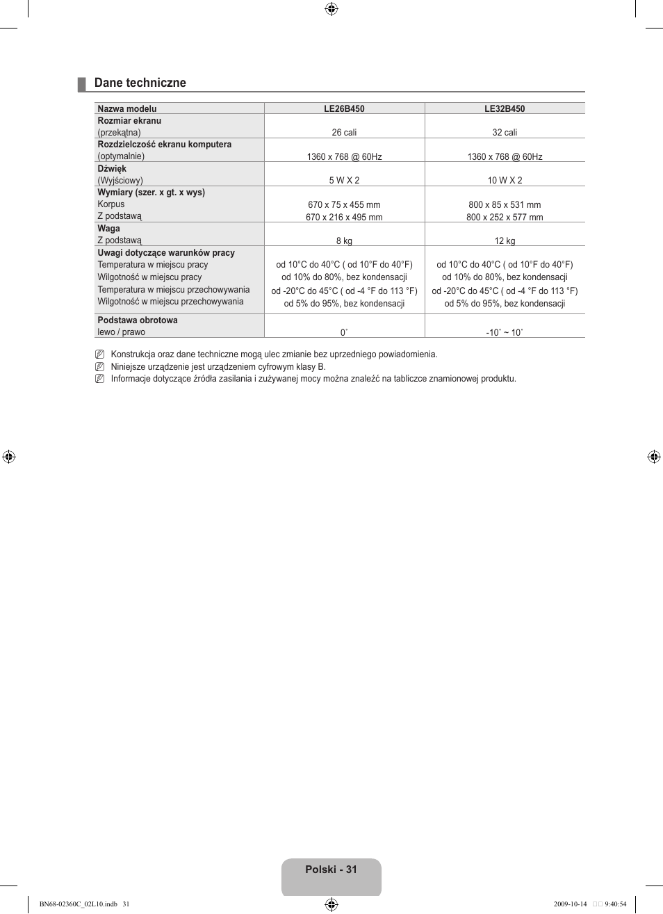 Dane techniczne | Samsung LE26B450C4W User Manual | Page 95 / 326