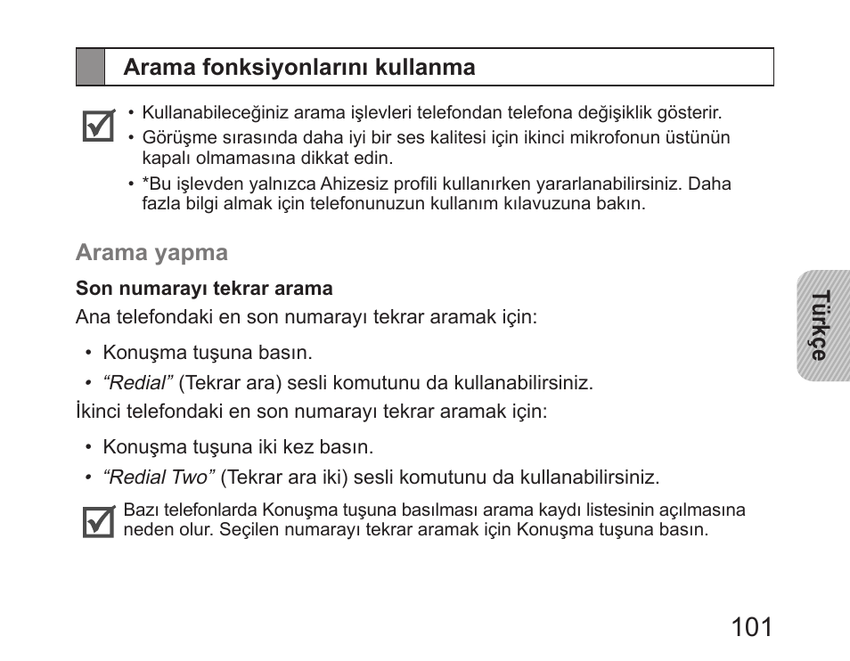 Arama fonksiyonlarını kullanma | Samsung HM6450 User Manual | Page 103 / 191