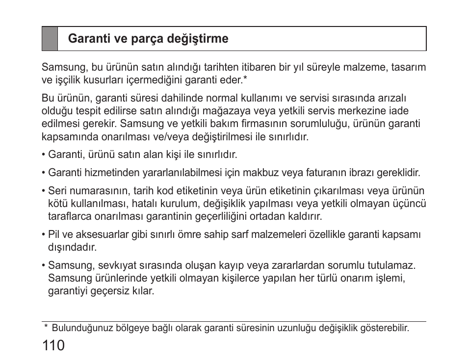 Garanti ve parça değiştirme | Samsung HM6450 User Manual | Page 112 / 191