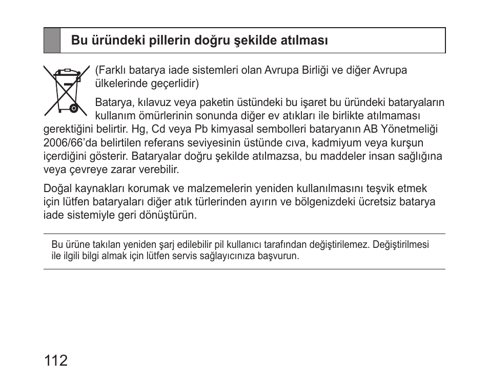 Bu üründeki pillerin doğru şekilde atılması | Samsung HM6450 User Manual | Page 114 / 191