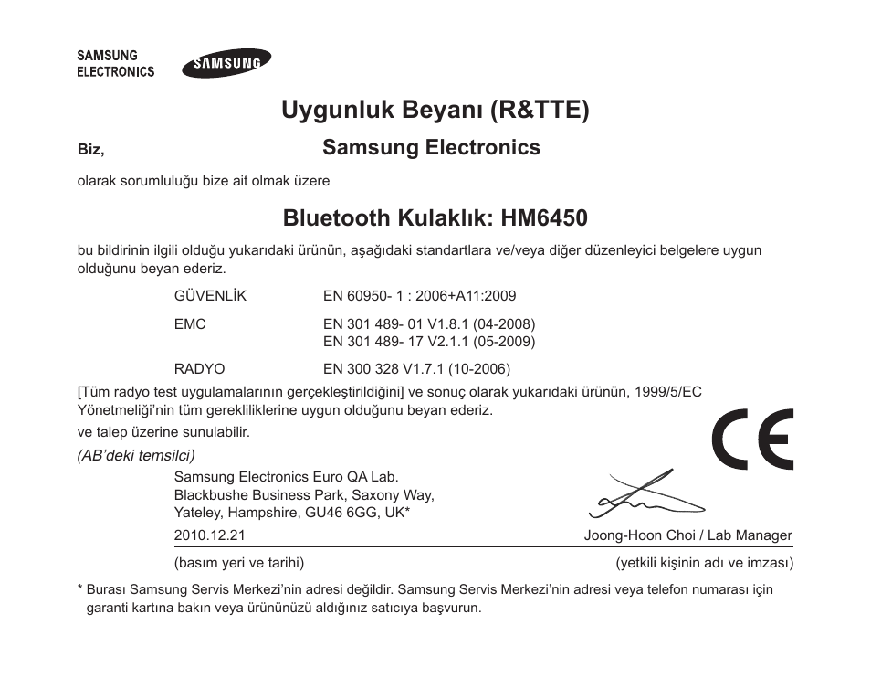 Uygunluk beyanı (r&tte), Bluetooth kulaklık: hm6450, Samsung electronics | Samsung HM6450 User Manual | Page 116 / 191