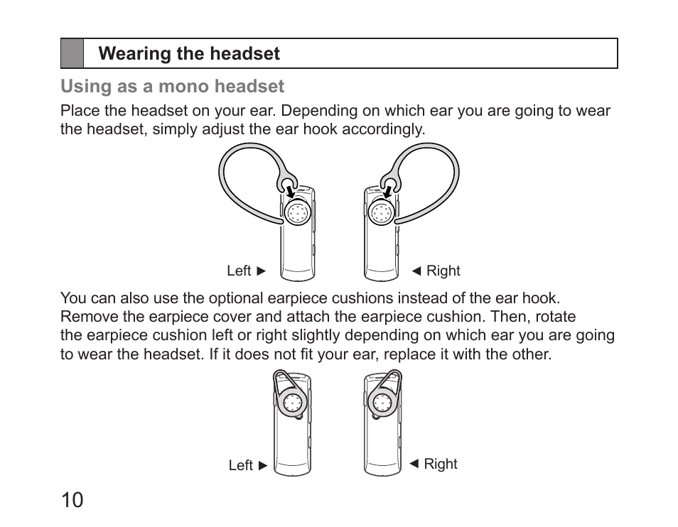 Wearing the headset, Wearing the headset using as a mono headset | Samsung HM6450 User Manual | Page 12 / 191