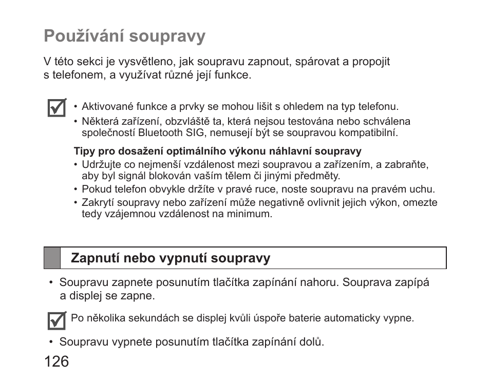 Používání soupravy, Zapnutí nebo vypnutí soupravy | Samsung HM6450 User Manual | Page 128 / 191