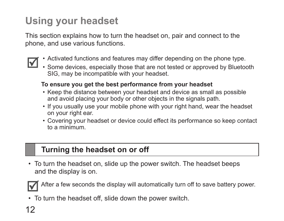 Using your headset, Turning the headset on or off | Samsung HM6450 User Manual | Page 14 / 191