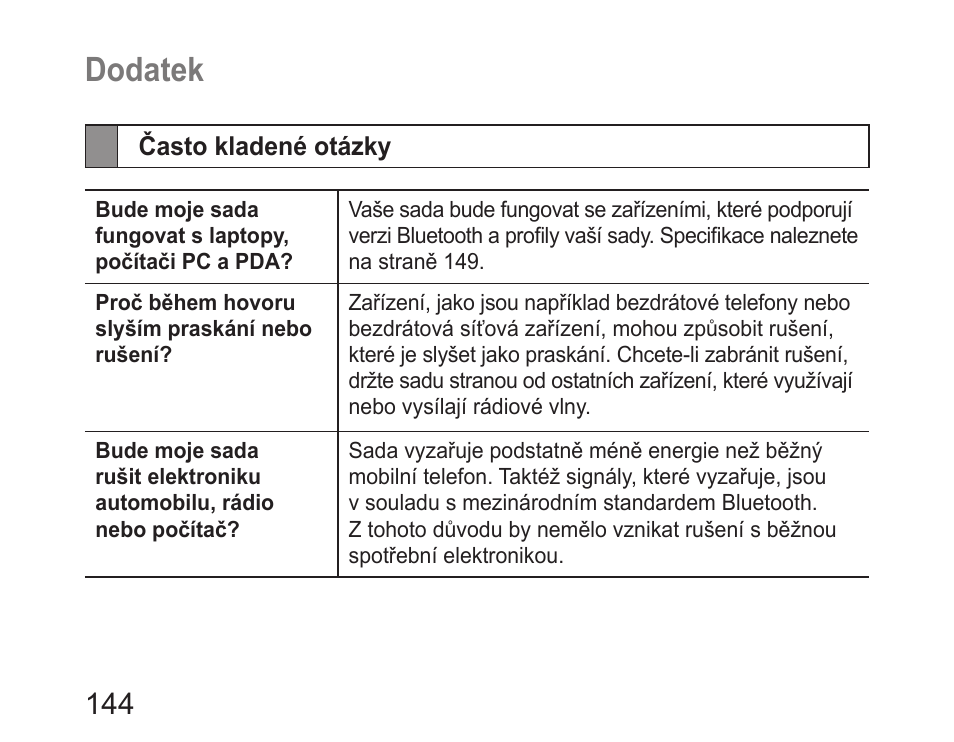 Dodatek, Často kladené otázky | Samsung HM6450 User Manual | Page 146 / 191