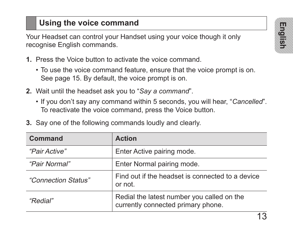 Using the voice command | Samsung HM6450 User Manual | Page 15 / 191