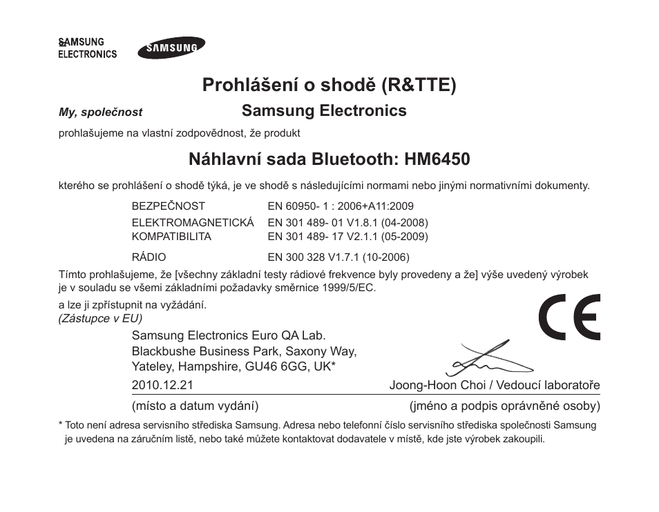 Prohlášení o shodě (r&tte), Náhlavní sada bluetooth: hm6450, Samsung electronics | Samsung HM6450 User Manual | Page 152 / 191