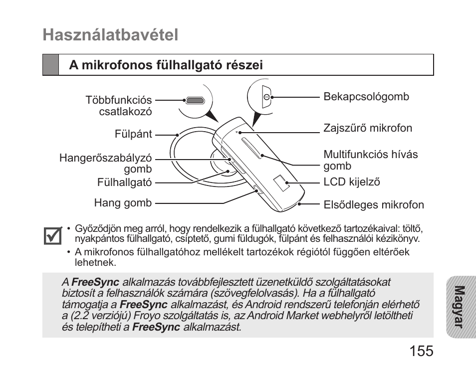 Használatbavétel, A mikrofonos fülhallgató részei | Samsung HM6450 User Manual | Page 157 / 191