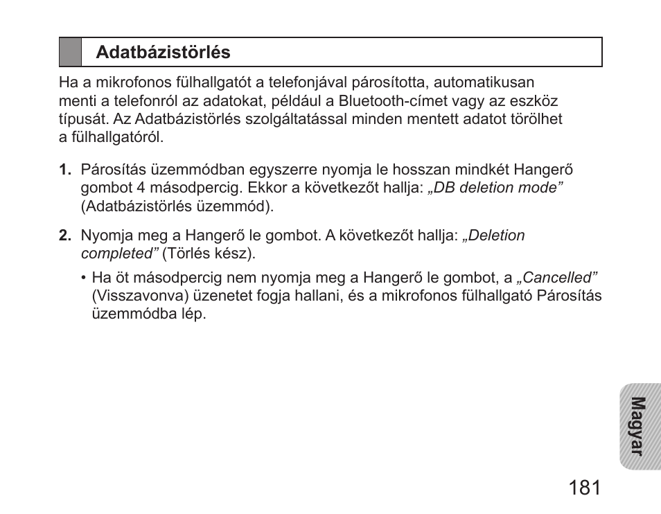 Adatbázistörlés | Samsung HM6450 User Manual | Page 183 / 191