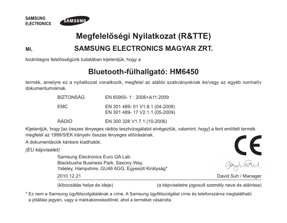 Megfelelőségi nyilatkozat (r&tte), Bluetooth-fülhallgató: hm6450, Samsung electronics magyar zrt | Samsung HM6450 User Manual | Page 190 / 191