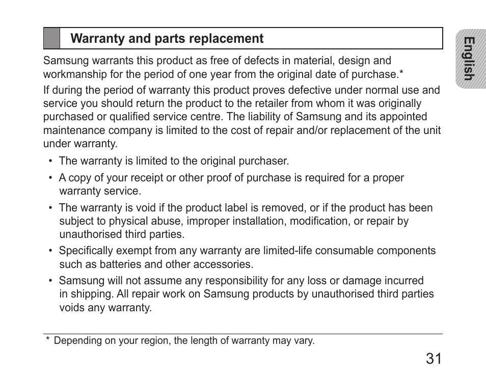 Warranty and parts replacement | Samsung HM6450 User Manual | Page 33 / 191