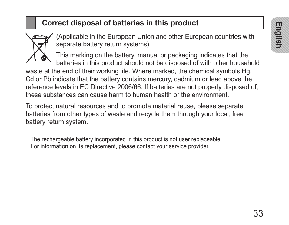 Correct disposal of batteries in this product | Samsung HM6450 User Manual | Page 35 / 191