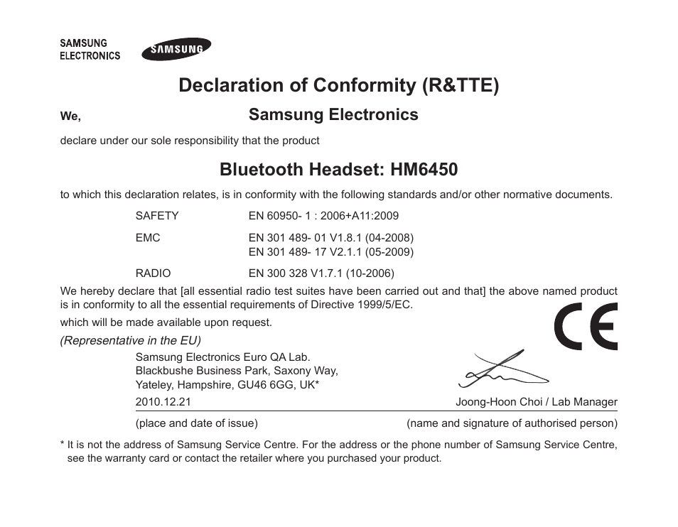 Declaration of conformity (r&tte), Bluetooth headset: hm6450, Samsung electronics | Samsung HM6450 User Manual | Page 38 / 191